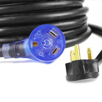 30Amp Cordón de extensión de RV de trabajo pesado 10 AWG ETL Listado de 50 pies TT-30P a TT-30R con indicador LED y diseño fácil de desconectar